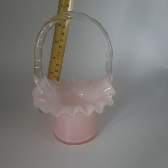 Fenton Overlay Pink Handled Glass Basket With Ruffled Edge - Picture 10 of 16